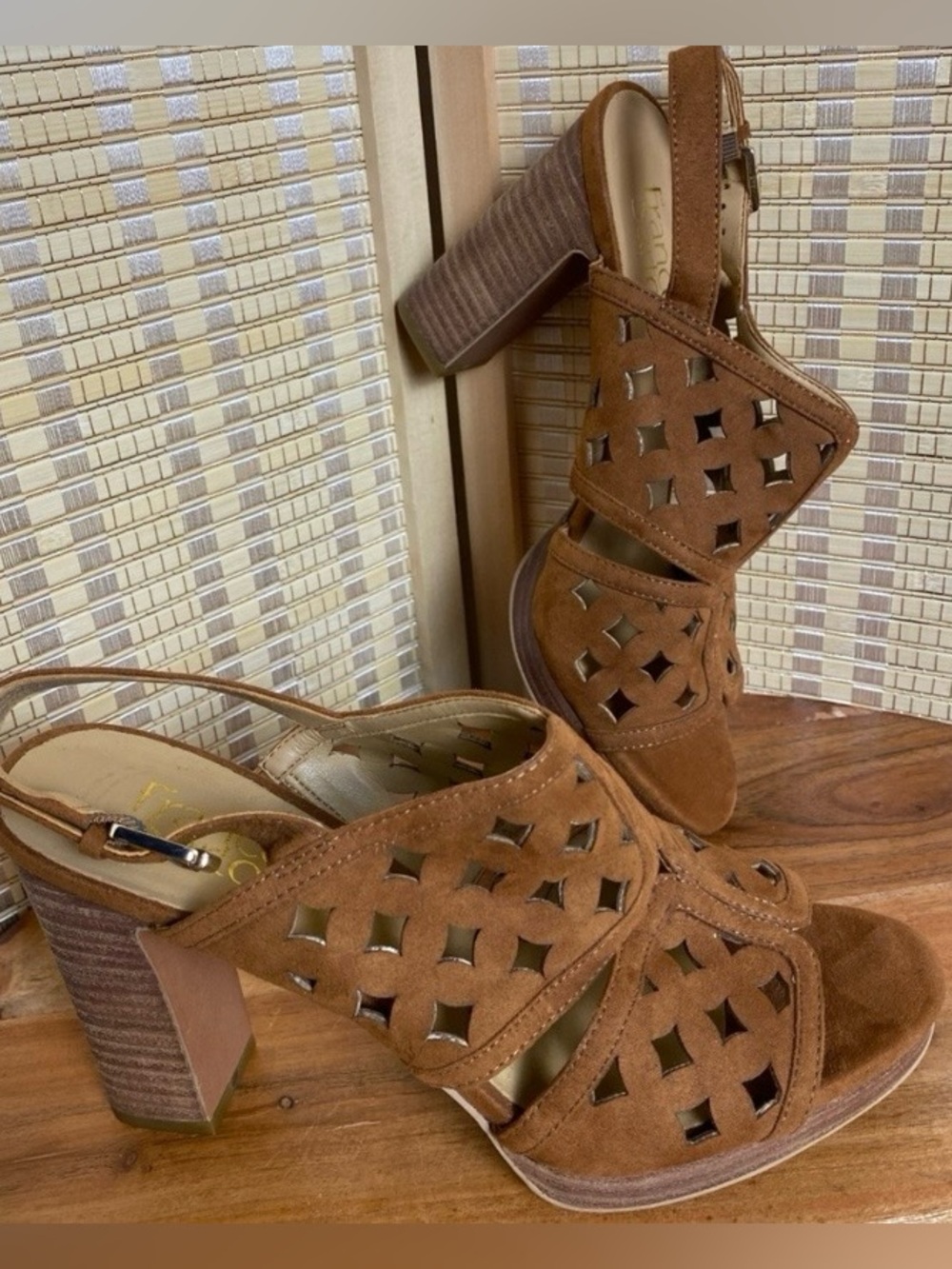 Franco Sarto Woman’s 8.5 Brown Rustic Laser Cut Caged Sling Back Sandals